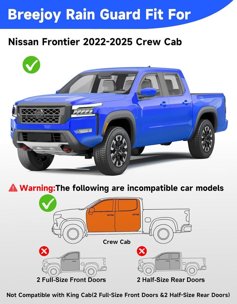 Breejoy in-Channel Rain Guards Fit for Truck Nissan Frontier 2022 2023 2024 2025 2026 Crew Cab Window Rain Guards Visors Vent Visors Window Deflector Vent Shades Car Accessories -4 pcs - Image 3